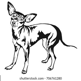 Decorative portrait of standing in profile Prague Ratter, vector isolated illustration in black color on white background