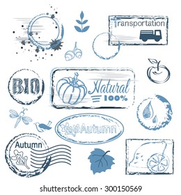 Decorative post stamp set for autumn. Vegetables and fruits - pumpkin lemon apple acorn leaf. Vector decorative elements dragonfly bird leaf rain.