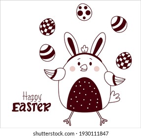 Decorative postcard Happy Easter. Easter chicken. A cute bird with bunny ears on its head and with Easter eggs. Vector. Line, outline. For design, decor, print, decoration, holiday cards, banners