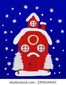 Decorative postcard with a red house on a blue background. Holiday postcard vector graphics. Christmas Card Illustration EPS 10