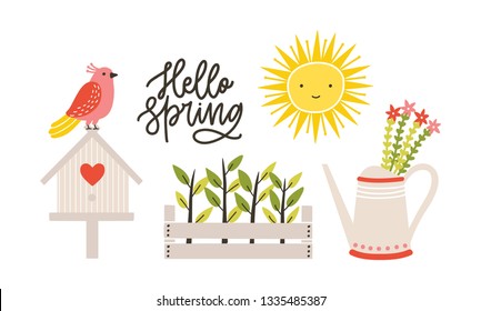 Decorative postcard template with Hello Spring phrase handwritten with cursive font, seedlings in crate, watering can full of flowers, bird sitting on nesting box and sun. Flat vector illustration.