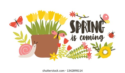 Decorative postcard template with Spring Is Coming phrase handwritten with cursive calligraphic font, blooming springtime garden flowers, cute snail and butterflies. Flat colorful vector illustration.