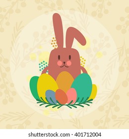 Decorative poster for the celebration of Easter, the Resurrection of Christ. Easter bunny surrounded by colored eggs of different sizes and a sprig of green at the base, on a beige background.
