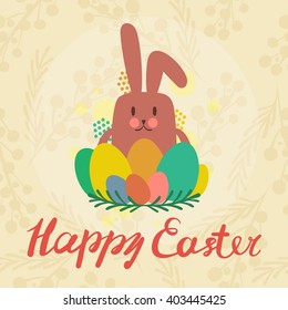 Decorative poster for the celebration of Easter, the Resurrection of Christ. Easter bunny surrounded by colored eggs, on a beige background and the inscription Happy Easter.
