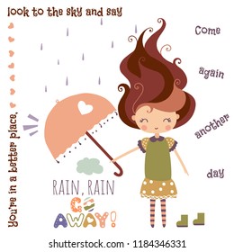 Decorative poster with cute girl. Rain rain go away vector illustration