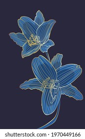 Decorative poster design with golden lily flower line art illustration.