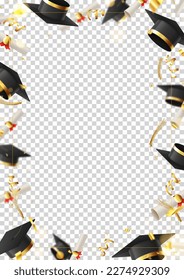 Decorative poster for graduation. 3d falling graduation scrolls and caps, golden confetti and serpentine, frame on checkered background. Vector illustration for decoration social media, banners.