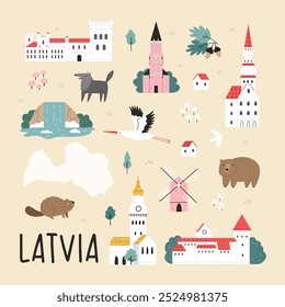 Decorative poster with hand drawn landmarks, symbols of Latvia. Cartoon art for framing, decoration, travel guides