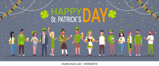 Decorative Poster For Happy Saint Patrick Day Horizontal Banner With Group Of People In Traditional Irish Clothes Drinking Beer Flat Vector Illustration
