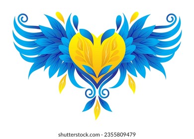 Decorative poster with heart and wings. Vector clipart. Blue and yellow color of the flag of Ukraine on a white background. Symbol of freedom and independence.
