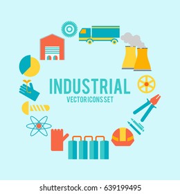 Decorative poster including icons or collection around the inscription with words industrial vector icons set in the center vector illustration