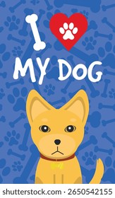 Decorative Poster I LOVE MY DOG - Cool Poster with Pinscher Dog on Blue Background with Silhouettes of Footprints and Bones.