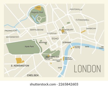 Decorative poster map of central London. Vector svg
