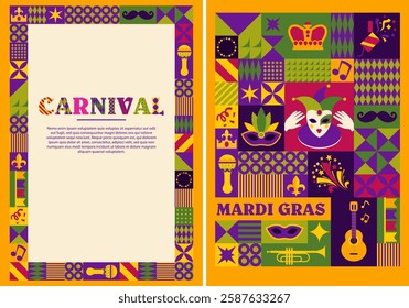 Decorative poster with patterns, masks, and carnival elements. A vibrant vector illustration inspired by the culture of Mardi Gras.