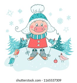 Decorative poster with skiing pig. Cartoon style winter illustration. Trendy symbol of 2019 new year. Hand drawn pigy, snow forest backdrop isolated on white. Vector template for greeting card, print