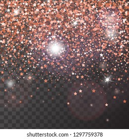 Decorative poster template with bright rose gold glitter stars. Falling down sparkles and flare isolated on transparent background. Vector backdrop for card, decor, advertising