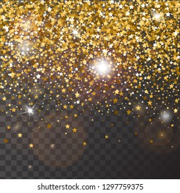 Decorative poster template with bright yellow gold glitter stars. Falling down sparkles and flare isolated on transparent background. Vector backdrop for card, decor, advertising