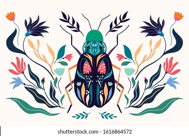 Decorative poster/banner with floral design, insect, flowers, and plants