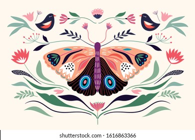 Decorative poster/banner/composition with floral elements, butterfly,different flowers and plants
