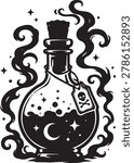 Decorative potion bottle with moon and swirling magical smoke in black silhouette style. Ideal for Halloween decorations, printable graphics, witchcraft themes, and gothic seasonal artwork.