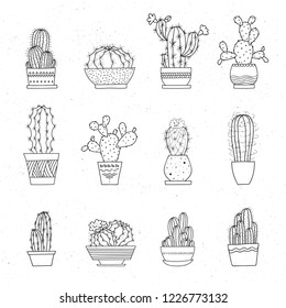 Decorative potted cacti. Vector set of hand-drawn sketched elements isolated on white background. Can be used as a print on t-shirts, bags, stationery, posters, greeting cards.