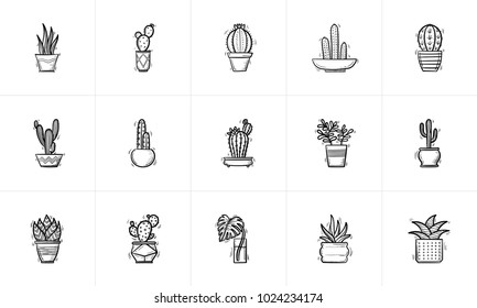 Decorative potted house plants and flowers sketch icon set for web, mobile and infographics. Hand drawn plants and flowers vector icon set isolated on white background.