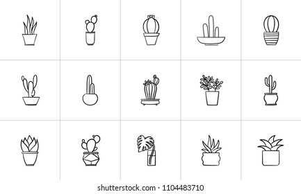 Decorative potted house plants and flowers sketch icon set for web, mobile and infographics. Hand drawn plants and flowers vector icon set isolated on white background.