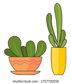 Decorative potted plants. Vector illustration of decorative green plants in pots isolated on white bsckground. Houseplant with long leaves in yellow ceramic pot. Floral decoration for home or office