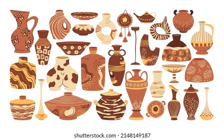 Decorative pottery, clay ceramic crockery, vases and dishes. Ceramic tableware, doodle pottery items vector symbols illustrations set. Hand drawn ceramic collection