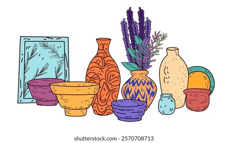 Decorative pottery and vases with lavender arrangement colorful ceramic bowls and plates artistic home decor elements hand-drawn style