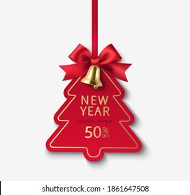 Decorative price tag with red bow and vertical ribbon  isolated on gray. New Year and Christmas decoration. Vector stock illustration.