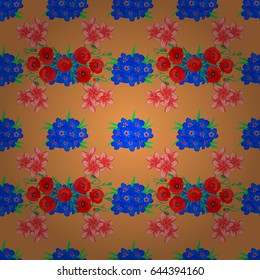 Decorative primrose flowers repeating pattern. Vector illustration. Abstract elegance seamless pattern with floral motifs on a brown background.