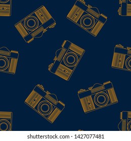 Decorative print with camera on blue backdrop. Seamless pattern with randomly arranged line-drawn cameras.