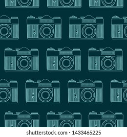 Decorative print with camera on dark green backdrop. Seamless pattern with lined up cameras. 