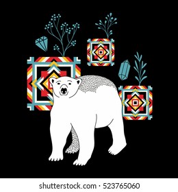 Decorative print with polar bear. Vector illustration in retro style.