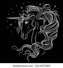 Dekoratives Profil von Einhorn. Magisches Portrait von Pferd abstrakte Vektorgrafik, weiße Kontur einzeln auf schwarzem Hintergrund. Färben, Gravieren, Design, Tätowierung, T-Shirt-Design