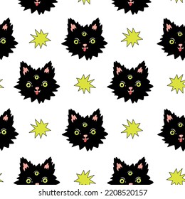 Decorative psychedelic seamless pattern with trippy magic third eye cat. Halloween vibes pattern. Background for crazy and funky Halloween party