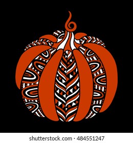 Decorative pumpkin with beautiful pattern. Harvest Thanksgiving illustration. Isolated vector image.