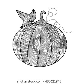 Decorative pumpkin with a beautiful pattern. Print on T-shirts, banners, posters, covers. Doodles art. Coloring page book for adults and children.