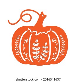 Decorative pumpkin with carved twigs and flowers. Stencil for carving.