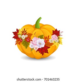 Decorative pumpkin with colorful leaves, isolated on white background. Vector Autumn illustration.