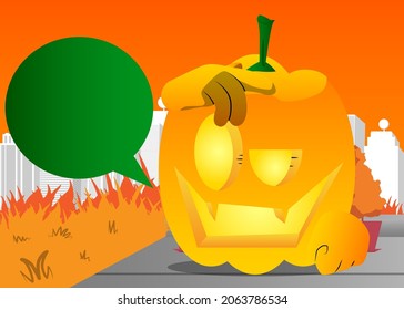 Decorative pumpkin for Halloween confused, scratching his head as a cartoon character with face. Vector Illustration.