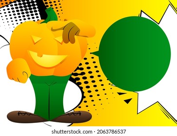 Decorative pumpkin for Halloween confused, scratching his head as a cartoon character with face. Vector Illustration.