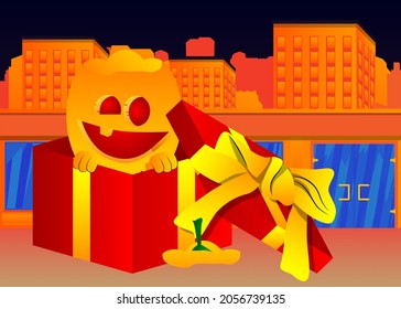 Decorative pumpkin for Halloween in a gift box as a cartoon character with face. Vector Illustration.