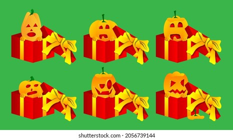 Decorative pumpkin for Halloween in a gift box as a cartoon character with face. Vector Illustration.