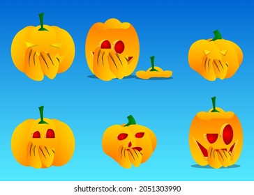Decorative pumpkin for Halloween with hands over mouth as a cartoon character with face. Vector Illustration.