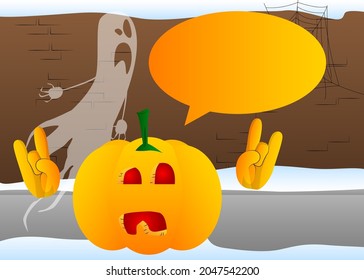 Decorative pumpkin for Halloween with hands in rocker pose as a cartoon character with face. Vector Illustration.