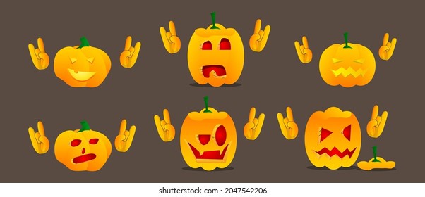 Decorative pumpkin for Halloween with hands in rocker pose as a cartoon character with face. Vector Illustration.