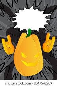 Decorative pumpkin for Halloween with hands in rocker pose as a cartoon character with face. Vector Illustration.