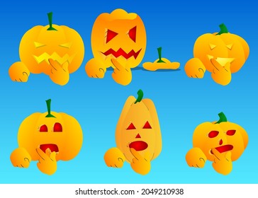 Decorative pumpkin for Halloween holding finger front of his mouth as a cartoon character with face. Vector Illustration.
